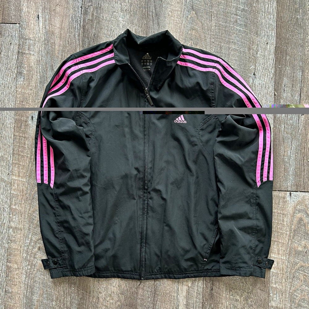 Y2K Adidas Women's Black Pink 3-Stripe Full Zip Windbreaker Track Jacket size m